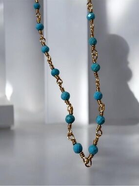 Turquoise Bead 30IN Chain W/ Gold Necklace
